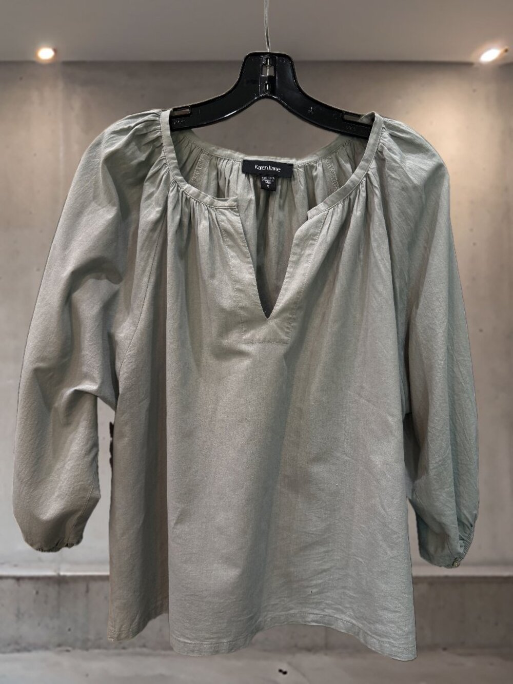 Karen Kane Sage Green Cotton Peasant Blouse Puff Sleeve Top S